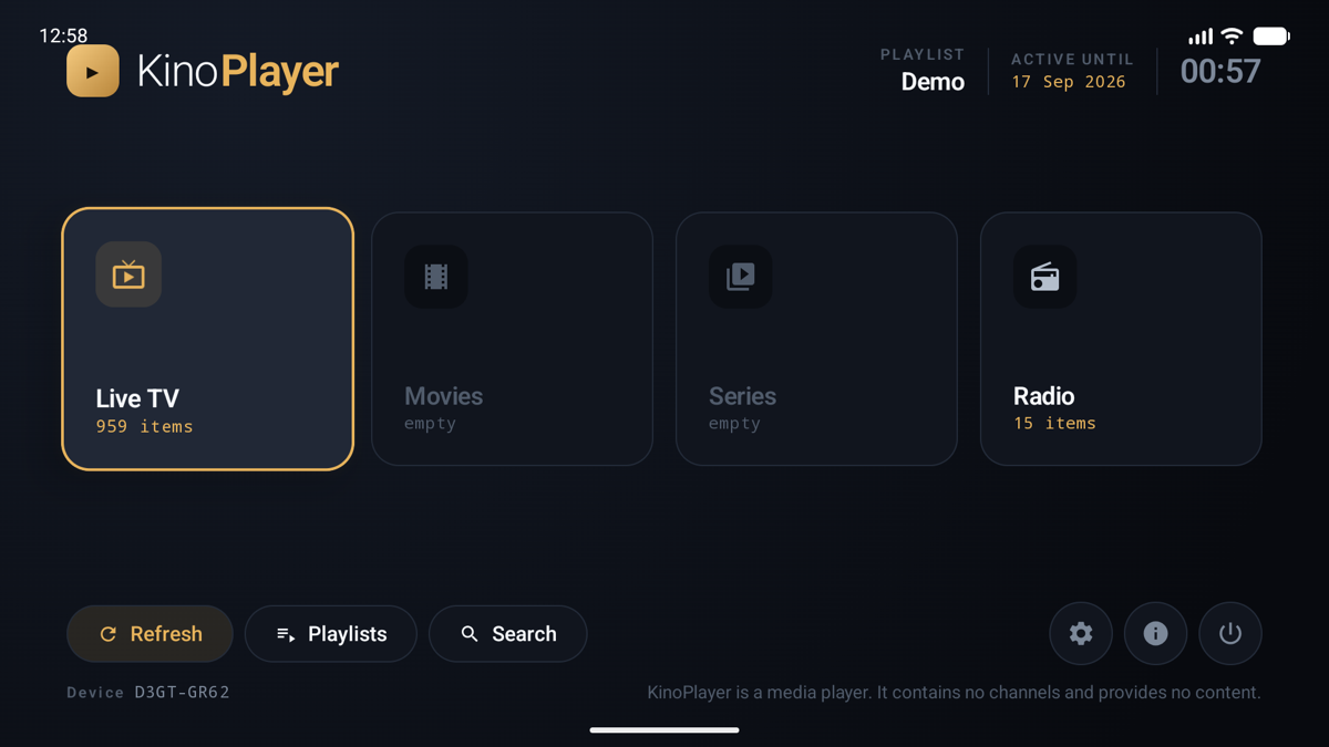 KinoPlayer running on a television, showing Live TV, Movies, Series and Radio